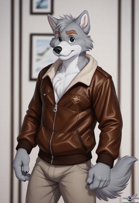 score_9, score_8_up, score_7_up, score_6_up, score_5_up, score_4_up, photorealistic, realistic, masterpiece), furry male, detailed face, detailed eyes, detailed hair, detailed fur, solo, WB_SketchV1
BREAK
Ace_London, Anthropomorphic Canine, Animal ears, erect ears, Grey fur, white markings, orange eyebrows, thick eyebrows, black eyes, black nose, leather jacket, flight jacket, fleece-lapel, grey pants, brown leather boots, tail
<lora:DetailedEyes_V3:1>