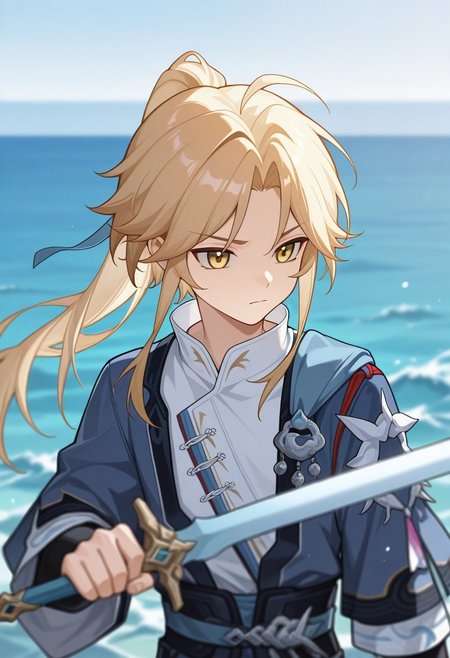 masterpiece,best quality,amazing quality, source_anime, 
Yanqihonk, weapon, sword, 1boy, male focus, holding, solo, holding weapon, holding sword, yellow eyes, ocean, outdoors, closed mouth, upper body, blurry, blonde hair, long hair, ponytail, chinese clothes, shirt, white shirt, kimono, blue kimono,