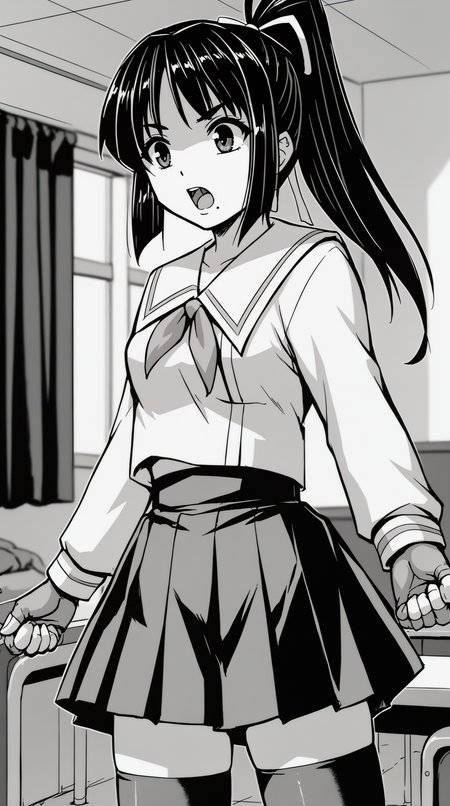 score_9, score_8_up, score_7_up, best background, detailed background, 4k, upscale, anime_source, monochrome, greyscale,  Kamishiro Sakura, open mouth, skirt, gloves, thighhighs, school uniform, pleated skirt, serafuku, fingerless gloves, indoors, indoors,  <lora:JN_Kamishiro_Sakura_Pony:0.8>