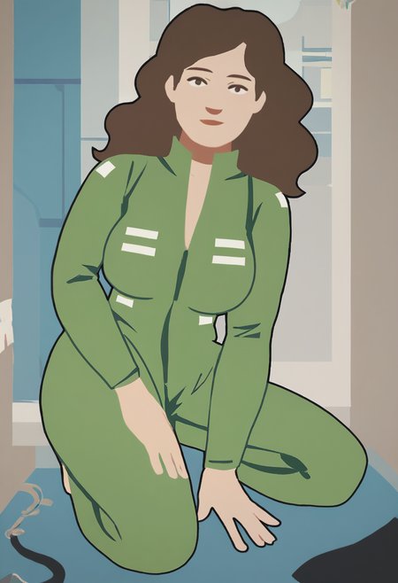 score_9, score_8_up, score_7_up, 1girl, mature_female, large_breasts, portrait, solo, looking_at_viewer, open_eyes, Kneeling with one knee up, perspective, (Ivory jumpsuit), wavy hair, mullet, Brown hair, rural, profile, rating_safe, <lora:pony\artist_styles\gee_seki_pony:1.0>