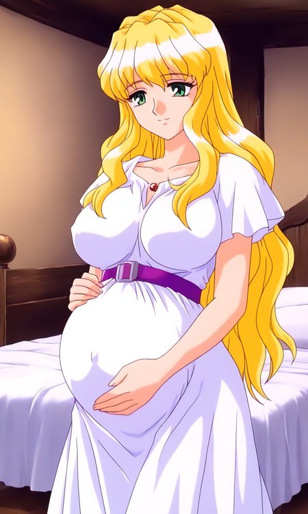 general,highres, ultra-detailed,very aesthetic,best quality ,best hands, BREAK <lora:Sayless_YU-NO_OVA_IS:1>
Sayless(OVA), 1girl, solo, blonde hair, long hair, green eyes, bangs, large breasts, 
standing, nsfw,  pregnant, large breasts,  light smile,
white dress, purple belt,
hand on own stomach,
bed sheet, room, fantasy.