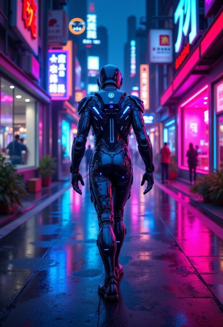 A holographic chrome-plated android, its circuits glowing with an eerie blue light, stands amidst a neon-drenched cityscape. Its synthetic skin shimmers with iridescent tattoos, and it wears a sculpted exosuit that pulsates with bioluminescent energy. The android's presence seems to distort the neon reflections, making them bleed and flow like liquid fire Itas adorned with holographic symbols that shift in and out of focus, displayed with sparks of neon Peach and Dark, as if itas about to detonate in a flash of color.    , aidmafluxpro1.1