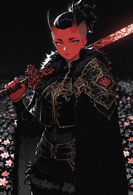 masterpiece, best quality, good quality, very awa, newest, highres, absurdres, 1girl, limited palette, 
BREAK
sexy, slutty, hot, aroused, 
Aka-Oni, oni, colored skin, red skin, smooth horns, black horns
BREAK
flirting:2.0, flower,
BREAK
(EyesHD:1.2), (4k,8k,Ultra HD), masterpiece, best quality, ultra-detailed, very aesthetic, sharp focus, depth of field, ray tracing, best lighting, detailed illustration, detailed background, cinematic, beautiful face, beautiful eyes, 
BREAK
black hair, undercut hair, slicked back hair, short ponytail, black eyebrows,detailed eyes, facial hair, beard, high collar shirt, dark shirt, black trim, gold trim, fur cloak, black cloak, long cloak, shoulder armor, fur-trimmed pants, holding weapon, weapon over shoulder, looking at viewer, facing viewer full color, sidelighting, tomboy,