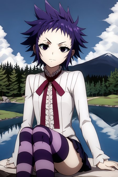 sharp focus, pixiv masterpiece, intricate details,  expressionless, source_anime,  score_9_up, score_8_up, score_7_up, score_9, looking at viewer, 
, highres,, 1girl,solo, remarkable, absurd res, sunny, forest,   <lora:roadkamelot_PonyXL_0.3:1>, roadkamelot, cowboy shot, mini-skirt, neck_ribbon, white blouse, striped_stockings, evil grin, eyelashes, lake, pine trees, sitting, rock