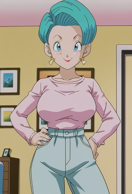 1girl,solo,mm,mature female,earrings,short hair,blue eyes,aqua hair,lipstick,anime coloring,
large breasts,shirt,pants,cowboy shot, hand on own hip, looking at viewer, smile, indoors, 
,masterpiece,best quality,amazing quality,<lora:Bulma-Dragon_Ball_GT_ix:1>
