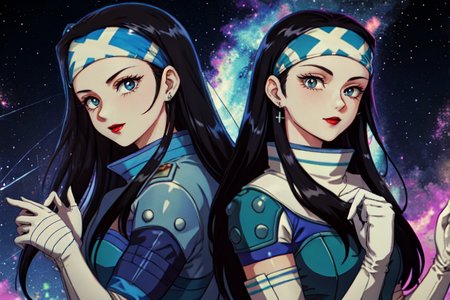 highly insanely detailed, masterpiece, top quality, best quality, highres, 4k, 8k, RAW photo, (very aesthetic, beautiful and aesthetic),  
beth_\(megami_tensei\),bethsmtii,shin megami tensei ii,long hair,black hair,straight hair,sleek black,jewelry,cross,headband,red_lipstick, 
<lora:zs_Beth:0.8>, 
(1girl:1.3), 1other, 
set in a vibrant night sky, with shooting stars, colorful nebulas, a sense of wonder and awe , with a trail of sparks,âââ