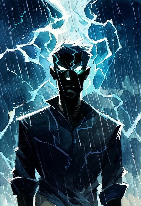 score_9, score_8_up, score_7_up, score_6_up, 1boy, watercolor painting, cowboy shot, man filled with electricity, white glowing eyes, lightning
serious look on face, eye contact, 
expressive,
outside, rain, blue glowing background
black linework, storm clouds