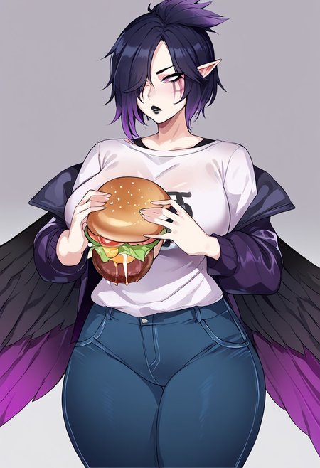 score_9, score_8_up, score_7_up, rating_questionable, source_anime,, League of Legends,  large breasts, breasts female, female only, clothed, thick thighs, wide hips, big ass, milf, oversized shirt,jacket, jeans, dark purple hair, hair over one eye, short hair, purple eyes, pointy ears, grey skin, black lips, wings, feathered wings, black wings, feathers, eating burger
