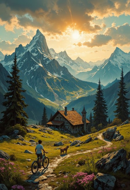 8k high quality digital painting , masterpiece, very detailed, ultra realistic, (best quality) very detailed epic masterpiece, 
unearthly beautiful, a breathtakingly beautiful landscape in the French Alps, in the foreground a little boy pushes a bicycle on a path to a small mountain hut, a dog follows him, the low yellow-red sun casts long shadows, enchanting landscape, fairytale-like, calm mood, flowers in the foreground, realistic