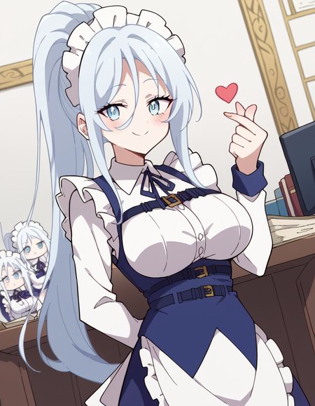 score_9, score_8_up, score_7_up, source_anime, <lora:sylpha-langlis-s1-ponyxl-lora-nochekaiser:1>, sylpha langlis, long hair, blue eyes, hair between eyes, ponytail, white hair,, large breasts, apron, maid, maid headdress, maid apron, frills, long sleeves,, office, desk, computer, chair, paperwork, , <lora:finger-heart-ponyxl-lora-nochekaiser:1>, finger heart, heart, blush, smile,, looking at viewer, solo,, dutch angle, cowboy shot