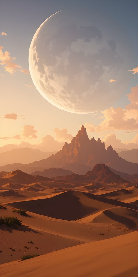 The scene unfolds as a breathtaking vista of otherworldly beauty, where the horizon stretches endlessly under a vast, serene sky. The landscape is dominated by rolling dunes of golden sand that shimmer in the warm light of what appears to be either sunrise or sunset. The sand ripples gently, creating soft waves across the desert floor, their curves and shadows hinting at the passage of time and the relentless wind.
Above, the sky is a canvas painted with hues of orange, pink, and pale blue, blending seamlessly into one another like strokes of an artistâs brush. A massive celestial bodyâperhaps a moon or distant planetâhangs low on the horizon, its surface marked by intricate patterns that suggest craters and geological formations. The glow from this celestial sphere casts a gentle radiance over the landscape, illuminating the dunes and highlighting the subtle textures of the sand.
In the distance, rugged mountains rise against the backdrop of the sky, their silhouettes dark and imposing yet softened by the warm light. The peaks are jagged and uneven, suggesting a world shaped by ancient forces of nature. Sparse vegetation dots the landscape here and there, small patches of greenery clinging to the edges of the dunes, adding a touch of life to the otherwise barren expanse.
The overall atmosphere is one of quiet majesty and solitude. The vastness of the desert and the looming celestial body create a sense of awe, as though this place exists beyond the boundaries of ordinary reality. The interplay of light and shadow adds depth and dimension, making the scene feel both expansive and intimate. It is a moment frozen in time, where the viewer is invited to imagine the stories and mysteries hidden within this alien yet strangely familiar world.
j_art, anime, anime art, <lora:FLUX\jul\J_Anime:0.7>, <lora:FLUX\RealAnime:0.7>