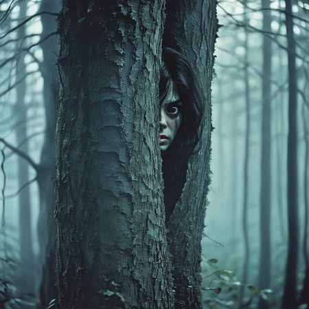 <lora:70s_Horror_MovieSDXL:1> ArsMovieStill, movie still from a 1970s horror movie, The image is a dark and eerie scene of a person peeking out from behind a tree in a forest. The person's face is partially obscured by the tree trunk with their hair covering their face. The background is filled with tall trees and fog creating a mysterious and eerie atmosphere. The overall mood of the image is eerie and foreboding., solo, tree, nature, black hair, blurry, 1girl, forest, long hair, realistic, outdoors