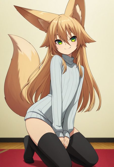 masterpiece,perfect quality,best quality,absolutely eye-catching,absurdres,highres,newest,anime coloring, anime screencap,(1girl,solo),,Kokonoe_Tsubaki,green eyes,long hair,flat chest,fox ears,(fox tail),(kneeling),closed mouth,smile,sweater,black thighhighs,