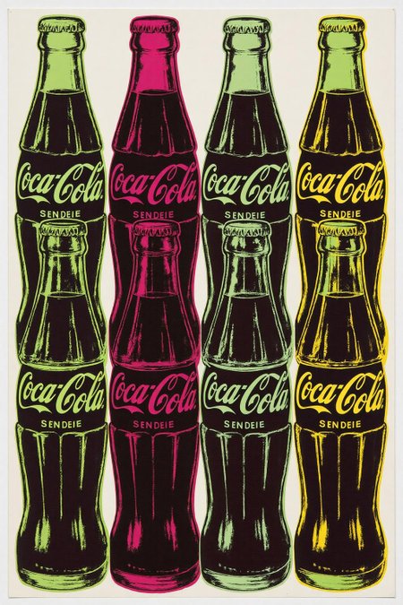 andywarhol1 illustration. A grid of Coca-Cola glass bottles, each rendered in bright Pop Art colors — neon green, hot pink, bright yellow — with thick black outlines and flat shading. The bottles are slightly misaligned, emphasizing the mass-produced consumerism theme <lora:andywarhol1_cap_d6a3:1.0><lora:836640534119572140:0>