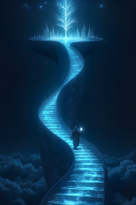 Suspended in the void of a pitch-black sky, an impossibly long spiral staircase made of cracked marble winds upward, its steps glowing faintly with a cool, blue luminescence. At the very top, instead of leading anywhere tangible, the final step touches the surface of the moonâs reflection, which ripples like a vast, silver pond floating in midair. A lone traveler in a tattered cloak climbs the stairs, their face hidden beneath a hood, a lantern glowing with starlight clutched in their hand. With each step, the stars in the sky shift, rearranging themselves in unfamiliar constellations, as if the travelerâs ascent rewrites the cosmos itself. Below, an endless abyss stretches in all directions, broken only by occasional drifting islands of rock, each containing a single, glowing white tree. The air is completely silent, as if sound itself has been swallowed by the void. At the horizon, a massive, inverted city made of shimmering glass hovers upside-down, its lights flickering like distant fireflies. The traveler finally reaches the top, raising a hand toward the moonâs reflection, and the surface trembles as if something is about to emerge. , detailed background  Fantastic lighting. Detailed shadows.intricate details, vivid colors, hyper-detailed, ultra-sharp, , <lora:aesthetical-000003:0.15><lora:aidmaNSFWunlock-FLUX-PonyStyle-v0.1:0.15><lora:Flux-jijia:0.1><lora:GLSHS:0.6>