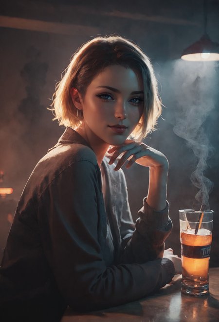 score_9, score_8_up, score_7_up,  1girl, naughty, portrait, sitting on bar, looking at viewer, smirk, blush, short blonde hair  <lora:pony/twilight_style:0.8> <lora:pony/vixon_dramatic_lighting:0.7> 43stl1ght1ng, low light, dramatic lighting, darkness, smoke