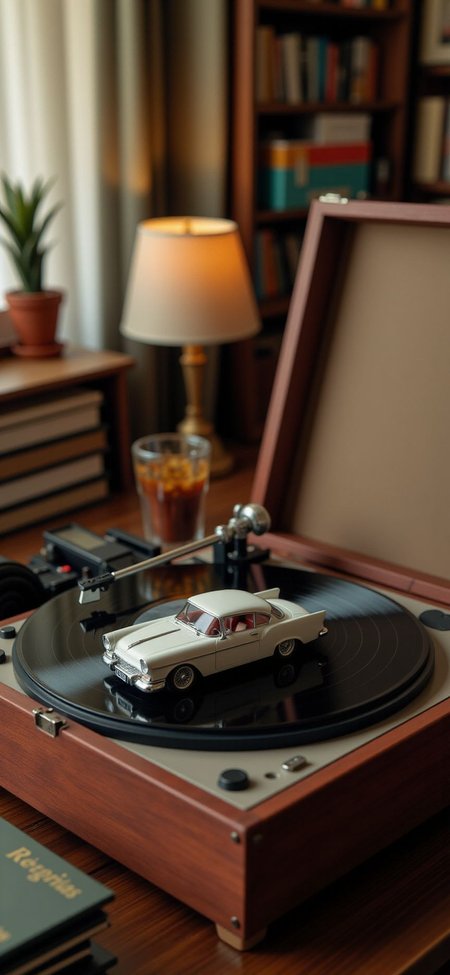 (indoors,indoor,isometric view,side view,tilt-shift lens:2), (in the style of ck-sfc,fna_style,fna_style,a scene from a pop-up,card letter:2), (briefcase style turntable :1.5),(opened briefcase style turntable with vinyl record and A classic car is top side of vinyl record:2) (on desk at study:4) <lora:Fantasy_Novel_Art_Style:1><lora:ck-plastic-models:1> <lora:Pop-up_Book_Papercraft_Plotter_FLUX:1>