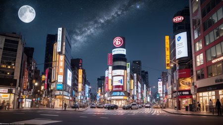 midnight shot, dark black sky,milkyway, stars, nebula:1.4, moon, H10 outside, (building:0.980), (car:0.701), (city:0.998), (city lights:0.970), (cityscape:0.978), (convenience store:0.528), (ground vehicle:0.533), (motor vehicle:0.529), (neon lights:0.857), (real world location:0.617), (road:0.944), (scenery:0.977), (shop:0.510), (sign:0.630), (skyscraper:0.985), (street:0.943), (tokyo \(city\):0.913),colorful neon lights,neon trim,(high quality, best quality, hi res),(ultimate phtoreal Concept Art)