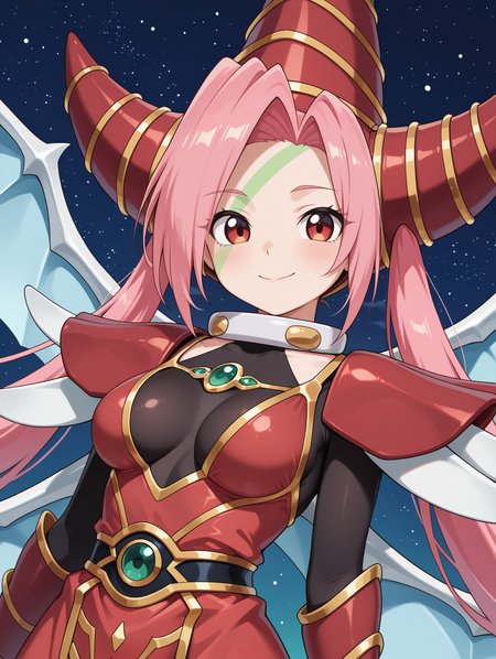 T.G. Wonder Magician,green facial mark,1girl,solo,smile,looking at viewer,twintails,upper body,closed mouth,medium breasts,black bodystocking,dragon wings,gold hair tubes,red dress,red gauntlets,red wizard hat,red shoulder armor,night sky, 
masterpiece,best quality,amazing quality,very aesthetic,apussbsurdres,newest,<lora:T.G. Wonder Magician illuXL v1:0.7>,