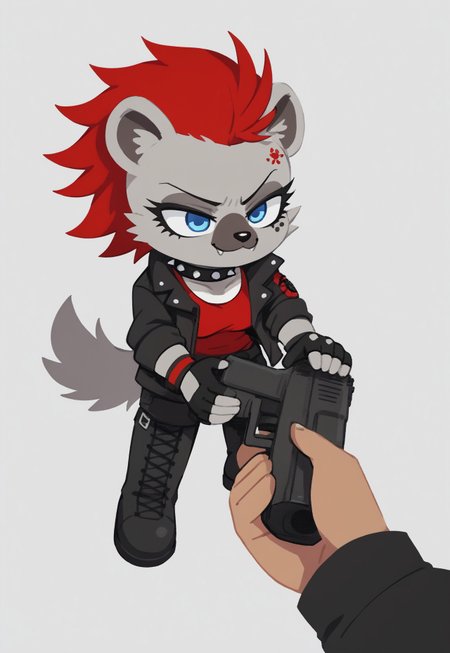 score_9, score_8_up, score_7_up, score_6_up, source_anime, (1girl), hyena, (mischievous smile), black spots, <lora:go_do_a_crime:0.8> Go do a crime, holding gun, red hair, punk, blue eyes, grey fur, black leather jacket, eyelashes, red tank top, fingerless gloves, black combat boots, spike choker