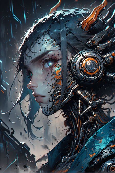 biomechanical cyberpunk <lora:Neon_Splash_Art_for_Pony:0.9> one girl, haughty expression, raised chin, bob, horns, selective blue, cyberpunk, looking at viewer, heavy tones, detail, dark background, dramatic, front view <lora:OverallDetail:1> <lora:Sinozick_Style_XL_Pony:0.5> <lora:Desolation:0.3> <lora:mgxt:1> . cybernetics, human-machine fusion, dystopian, organic meets artificial, dark, intricate, highly detailed