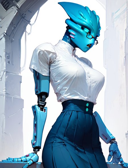 score_9, score_8_up, score_7_up,
beautiful athletic nokama, robot, white shirt, skirt, glasses, blue eyes, 1girl, standing, sexy, long and slender body, blue skin, 
<lora:cutesexyronutts_style_xl:1>    <lora:Nokama:0.9>  <lora:Fant5yP0ny:0.5>