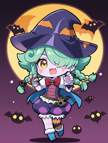 abyss actor - leading lady,chibi,1girl,solo,hair over one eye,fang,smile,bat \(animal\),full body,open mouth,blush stickers,looking at viewer,:3,purple skin,:d,skull hair ornament,purple witch hat,red bow,purple dress,purple bloomers,single glove,single legwear,single wrist cuff,bat earrings,blue cape,blue pointy footwear,claw pose,
masterpiece,best quality,amazing quality,very aesthetic,absurdres,newest,<lora:Abyss Actor - Leading Lady illusXL v1.2:0.72>,