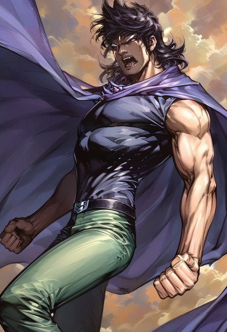(score_9:0.9),score_8_up,score_7_up,rating_safe,anime style,(zPDXL),<lora:Dark Evil Beast ponyXL v1.5:0.87>,  Dark Evil Beast, 1boy, cape, male focus, clenched hands, open mouth, purple cape, cloud, pants, sleeveless, belt