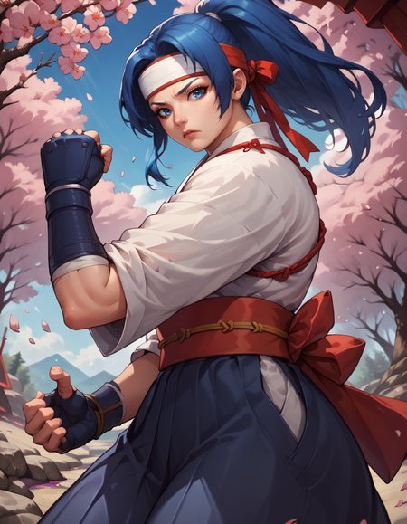 score_9, score_8_up, score_7_up,
1girl, solo,
large breasts,
kasumidg,
blue hair, ponytail, blue eyes,
blue hakama, dougi, headband, fingerless gloves, japanese clothes,
fighting stance, clenched hands, 
cherry blossoms, forest,
from below, looking at viewer, 
 <lora:Kasumi  DG PXL v01-000002:0.90>