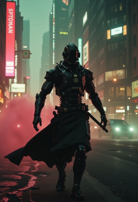 closeup portrait photo of an Elysium Robot Cyborg Samurai, macro, a captivating vibrant dark capturing the essence of a cyborg Bedouin sorcerer in fight stance, standing infront of dystopian megacity. ethereal, smoky backdrop. a translucent red/tanslucent amber/black, atmospheric haze, Film grain, cinematic film still, shallow depth of field, highly detailed, high budget, cinemascope, moody, epic, OverallDetail, gorgeous, 2000s vintage RAW photo, photorealistic, candid camera, color graded cinematic, eye catchlights, atmospheric lighting, skin pores, imperfections, natural, shallow dof, their holographic billboards flickering in shades of pink, green, and electric blue. Streams of light weave through
