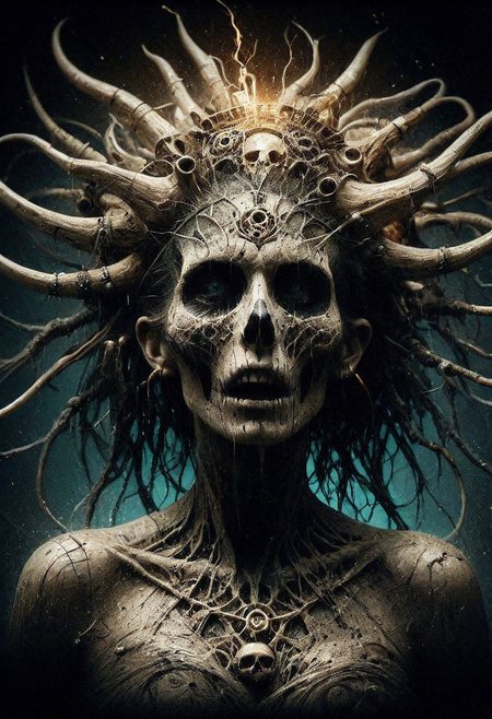 surreal and expressive Ink splatter , Dystopian Occult spirit , Pagan folk ,  Animal Skull , Goddess , female creature , highly detailed clothes , highly detailed background ,cosmic horror art style, Beautiful Lighting, U-V Reactive colors Photorealistic, Hyper-Detailed, highly detailed jewellery made of bone