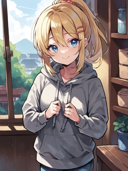 score_9, score_8_up, score_7_up, score_6_up,good hands, perfect hands,
yukiwostyle, 1girl, solo, long hair, looking at viewer, smile, hair ornament, long sleeves, closed mouth, blue eyes, standing, ponytail, hairclip, indoors, hood, blonde hair, hoodie, hood down, smug, grey hoodie, jeans, 
<lora:yukiwo_style_v1:0.8>,