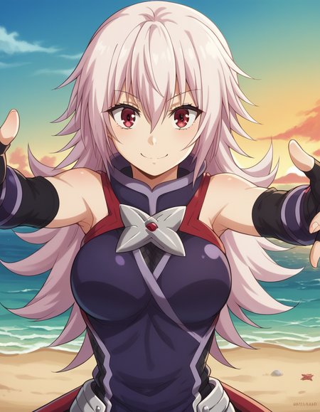 score_9, score_8_up, score_7_up, source_anime, <lora:matsuri-kazamaki-s1-v2-ponyxl-lora-nochekaiser:1>, matsuri kazamaki, long hair, red eyes, pink hair, hair between eyes, sidelocks, large breasts,, gloves, bare shoulders, black gloves, elbow gloves, fingerless gloves, ninja, beach, sunset, walking along shore, footprints in sand, waves, peaceful, smile, , on back, arm support, arms up, incoming hug, pov, reaching, reaching towards viewer,, solo,, cowboy shot, dutch angle,