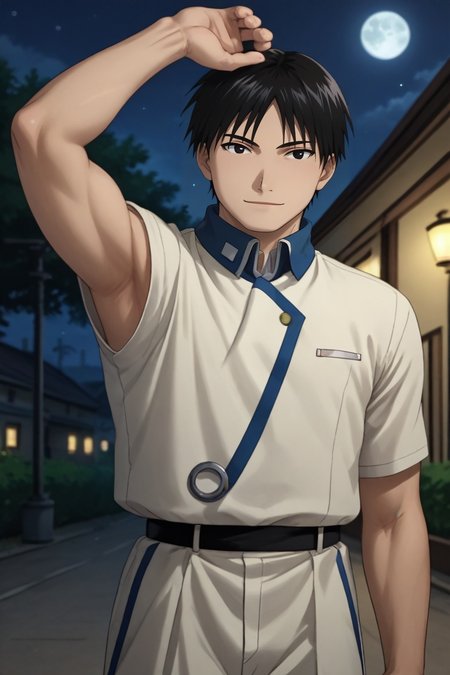 score_9, score_8_up, score_7_up, source_anime, rating_safe, intricate details, (realistic:0.6), looking at viewer, depth of field, 1boy, solo, male focus, <lora:roy_mustang_pony:0.98>, roy_mustang, black hair, black eyes, straight-on, apartment, night, full moon, arm up, happy, robot costume, <lora:sdxl_lightning_8step_lora:1>