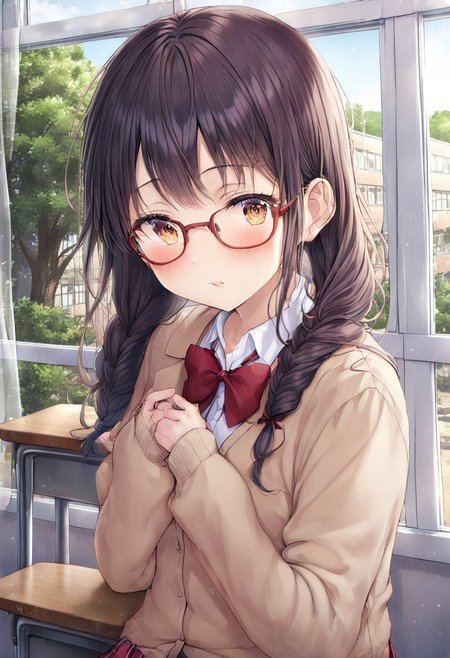score_9, score_8_up, score_7_up,
masterpiece, best quality, detailed, amazing quality,
detailed face, beautiful color, detailed eyes,
detailed background, classroom,
solo, 1girl, akemi_homura, mitakihara_school_uniform, glasses,red-framed_eyewear, twin_braids, 
kyoushitsu, classroom, indoors, school chair, school desk, chalkboard, window, ceiling light, curtains, tree