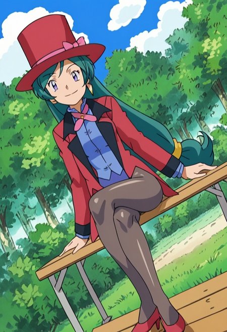 score_9, score_8, score_7_up, source_anime, anime_coloring, anime_screenshot, highres, rating_quesitionable
seductive, naughty face, sitting, crossed legs, outdoors, 1girl, bench, trees, sky, clouds, sun, looking at viewer, day, forest, cowboy shot, upper body focus, (Dutch angle:1.4), thighs
PKMNFrancesca, 1girl, long hair, very long hair, low-tied long hair, bangs, green hair, aqua hair, purple eyes, blue eyes, jewelry, earrings, hat, red headwear, top hat, bow, pink bow, hat bow, jacket, red jacket, coat, tailcoat, long sleeves, shirt, blue shirt, collared shirt, ribbon, pink ribbon, blue leotard, pantyhose, black pantyhose, high heels, shoes, red footwear,