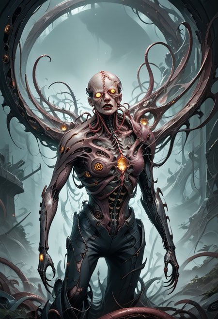 biomechanical, score_9, score_8_up, score_7_up, score_6_up, score_5_up, very aesthetic, fleshmutant, science fiction, mechanical parts, biohazard, glow, cyberpunk, biopunk, A towering celestial entity of biomechanical design, both divine and nightmarish in form. Countless metallic wings, layered like blades of a great machine, extend from its back in a shifting halo of luminous, golden-steel feathers, each one inscribed with ever-changing scripture. A writhing mass of interlocking rings and shifting, eye-covered plates forms its core, spinning in synchronized, unsettling perfection. Every eye glows with an otherworldly radiance, unblinking and omniscient, their gaze piercing through the soul. Tubes and sinewy cables weave through its body, pulsing with strange, ethereal fluids, sustaining its impossible existence between flesh and divine machinery. Its voice is a chorus of overlapping frequencies, both holy and inhuman, resonating with commands that shake reality itself. Beneath its many wings, glimpses of elongated tentacles—part organic, part metallic—move with eerie precision, each finger tipped with delicate, needle-like extensions. The presence of the entity is overwhelming, evoking awe and terror, as if reality itself strains to comprehend its form. The backdrop is a sky torn apart by radiant fractal light, where the fabric of existence bends in reverence to its impossible holiness.