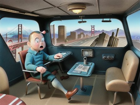 chaotic stunning San Francisco, (style of tin tin comics), pen and ink,retro-futuristic