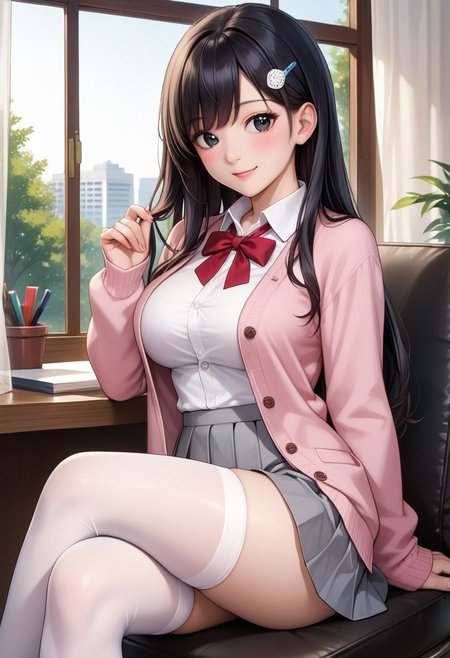 score_9, score_8_up, score_7_up, source_anime, 
detailed eyes, eye reflection,
japanese girl,
black eyes, black hair, long hair, princess cut, bangs, hairpin,
large breasts,
pink cardigan, open cardigan, neck ribbon, red ribbon, collared shirt, white shirt, long sleeves,
skirt, pleated skirt, grey skirt,
thighhighs, white thighhighs,
office, indoors, window, curtains, tree,
1girl, blush, smile,
sitting, crossed legs,