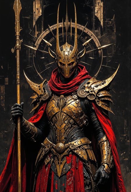 art by Ingrid Baars and Ben Templesmith. Portrait, Baroque style, Honor Guard of the Emperor, magnificent, elongated pointed ornate golden full helmet with integrated hood, medieval sci-fi combination, red embellished robe, armed with ornate golden spear. <lora:artisketchyfs-v02.safetensors:0.5>,  <lora:Magic_of_Art_(FLUX).safetensors:0.5>,  <lora:The_Dark_Side_Of_The_Future.safetensors:0.33>,  <lora:boFLUX digital-abyss.safetensors:0.5>,  <lora:midjourney_whisper_avant_couture_v01.safetensors:0.5>,  <lora:FLUX-daubrez-DB4RZ.safetensors:0.5>,