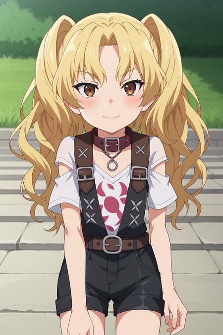 score_9, score_8_up, score_7_up, source anime, prefect lighting, very aesthetic, BREAK, anime screencap, anime coloring,
<lora:katagiri_yuzuki_v2-pony6:0.9>, 1girl, katagiri yuzuki, black bullet, long hair, blonde hair, twintails, brown eyes, flat chest, yuzukiout, white shirt, short sleeves, necklace, belt collar, short shorts,
BREAK, looking at viewer, light smile, blush, ((full body)),
BREAK,