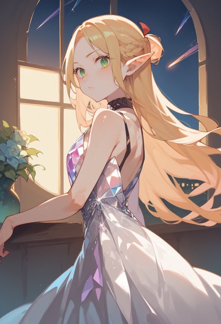 score_9, score_8_up, score_7_up, score_6_up, source anime,
ellicrampnxl, marcille donato, 1girl, pointy ears, long hair, elf, choker,
[white:crystalline:0.4] dress, bare shoulders, looking at viewer, from side ,
volumetric lighting, low key, high contrast, dark room, furniture, indoors, vivid color, window, night, shooting star,
masterpeice, best quality, very aesthetic, absurdres
<lora:dungeon_meshi_marcille:0.8>
 <lora:crystalline_dress-PD-1.0:1>