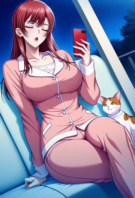 masterpiece, best quality, newest, highres, uncensored, 1girl, yokota mamoru style,1girl,
Aiba Sakura,Long Hair, Red Hair, Red Eyes,Slim
pajamas, phone, night,  dutch angle, crossed legs, cat, bandages, sitting, short hair, closed eyes, open mouth