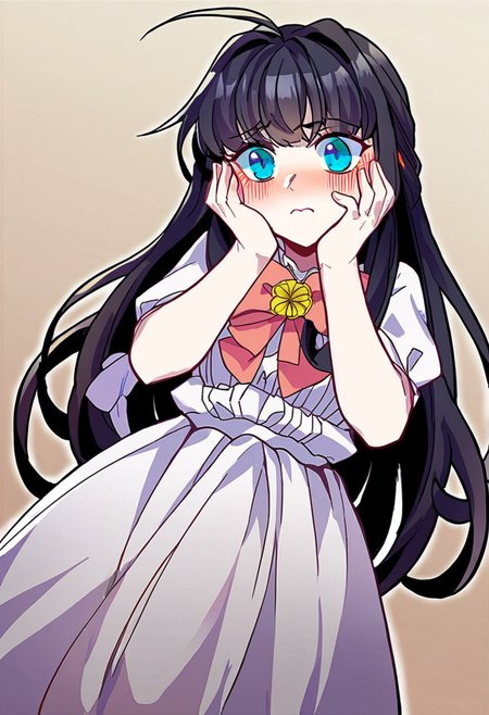 score_9,score_8_up,score_7_up,source_anime,zPDXL3,
*//*,<lora:BlancheFreidkin_v1.0:1.1>,blanche_freidkin1girl,blue eyes,black hair,long hair,hair intakes,ahoge,white dress,bow,
*//*,upper body,dutch angle,hands on own cheeks,blush,