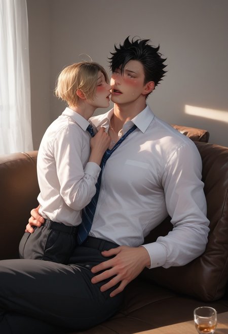 score_9, score_8_up, score_7_up, anime, ((2boys)), kuroo_x_kenma, multiple boys, yaoi, (( top short spiky black hair, bottom long blonde hair,)) toned male, kuroo as top, kenma as bottom, hung x twink, black eyes,
((bara, yaoi, duo((1man on 1boy, short black hair big dom, long blonde small sub)), manly dom)), muscular body, (((size difference))), arm behind head, five fingers hand, good arms, good face, open eyes, good eye, (masterpiece, best quality, best result), more object, (more hot), more details, (more passion), 
hyper ((size difference)), yaoi, tall giant muscular man and skinny boy, hyper shaking, very cute boy, tiny, blondlust, large hand on belly, hand pressing into belly, blushing, worried, quivering, 
Macro detailed realism style photograph, soft lighting, Expressiveh, ((sofa, white shirt, white collared shirt, ties, clothes pull, formal pants, long sleeves, college sweat after Quidditch game,)), restraining, open mouth, heavy breathing, soft bright lighting, (feminine 
skinny short twink), masculine top