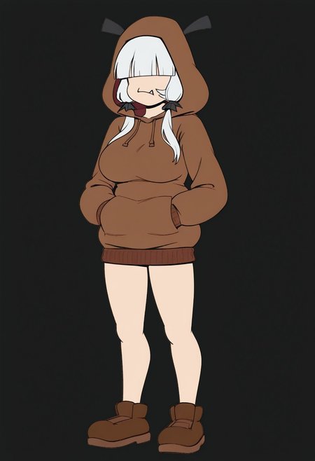 masterpiece, best quality, amazing quality, very aesthetic, absurdres, solo, 1girl, full body, 
solo , chill pose, standing,hands in hoodie pockets, neutral, uninterested, petite, looking at viewer,
<lora:TMoStH-Illustrious:0.9> tmosth, flat color, black shading, sloppy coloring, hatching \(texture\), \(mario series\), goomba_gal, hoodie, large breasts, hoodie overhang, fang, hair over eyes, black eyes