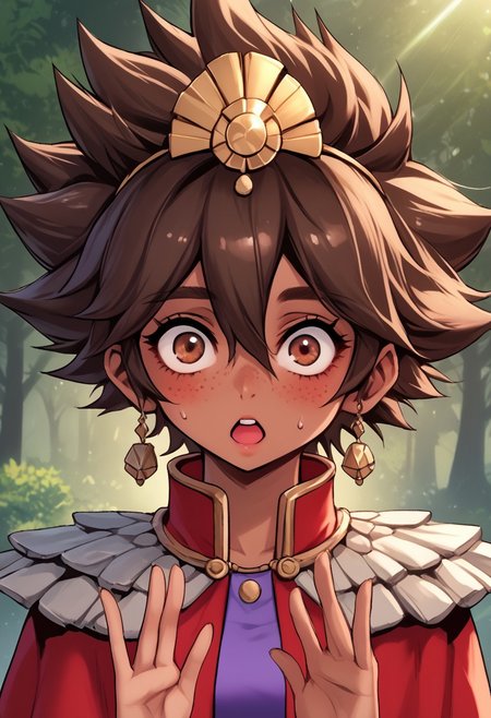 score_9, score_8_up, score_7_up, score_6_up, score_5_up, score_4_up, score_9, score_8_up, score_7_up, detailed, intricate details, chromatic aberration,  veins source_anime, , (best quality) , (highly detailed) ,((masterpiece)), ((best quality)), (ultra-detailed), ((extremely detailed)), (high resolution), 4K, (8K), best quality, (beautiful), (dynamic lighting), (super detailed skin), sharp focus, (1_girl, solo focus),  score_9,score_8_up,score_7_up,anime coloring, big eyes BREAK source_anime,anime, TaliyahLoLXL, dark skin, tanned skin, Dark skin female, dark skined, freckles, brown eyes, brown hair, short hair, sidelocks, hair between eyes, hair ornament, spiked hair, medium breasts, stone capelet, cape, red jacket, purple dress, solo,  front view, solo focus, wide eyed, panicked, panic, waving arms, mouth open, blushing, scared, frightened, suprised, sweating, bewildered, hands up, looking at viewer, forest, tree <lora:TaliyahLoLXL:0.9>
(Upper body, portrait) , phantom_ix_row_style, masterpiece, best quality, <lora:PhantomIxRowStyle:0.9>, "Closer to artist's style"
