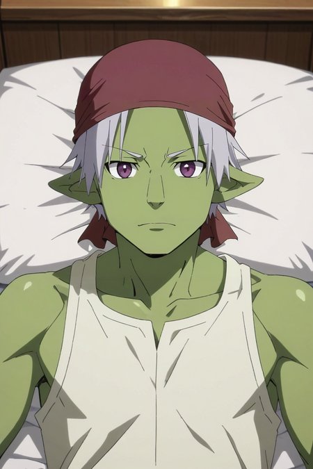 score_9, score_8_up, score_7_up, source_anime, rating_safe, intricate details, anime screencap, , , , depth of field, 1boy, solo, male focus, <lora:rigur_tensura_pony:0.78>, rigur_tensura, grey hair, purple eyes, pointy ears, colored skin, green skin, goblin, bandana, , , symmetry, bedroom, bed, nightstand, night, full moon, lying, on back, expressionless, , <lora:sdxl_lightning_8step_lora:1>