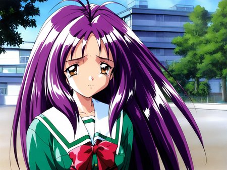 general,highres, ultra-detailed,very aesthetic,best quality ,best hands, BREAK <lora:Kotobuki_Miyuki_Tokimeki_Memorial2_IS:1>
Kotobuki_Miyuki(Tokimeki_Memorial2), 1girl, solo, bangs, purple hair, long hair, brown eyes, antenna hair, breasts, 
green shirt, sad, tears,
looking at viewer, shirt, 1990s (style), outdoors, serafuku, upper body, day, 
sailor collar, closed mouth, building, ribbon, 
tree, 
School, outdoor, sky,