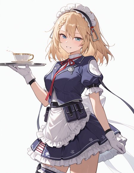 Volumetric Lighting, (masterpiece), (best quality), (ultra-detailed), masterpiece, source_anime, score_9, score_8_up, score_7_up BREAK, illustration, disheveled hair, detailed eyes, perfect composition, moist skin, intricate details, detailed eyes, detailed face, detailed fingers BREAK, G36,blonde hair, blue eyes, braided bangs, medium hair BREAK, Centauressi, ctr_dress, ctr_headdress, ctr_jacket, ctr_gloves, ctr_maid_apron, ctr_skirt, ctr_maid_headdress, ctr_bridal_garter, ctr_pouch BREAK, looking at viewer, simple background, white background,upper body, tray, pot, teacup, holding tray, smile